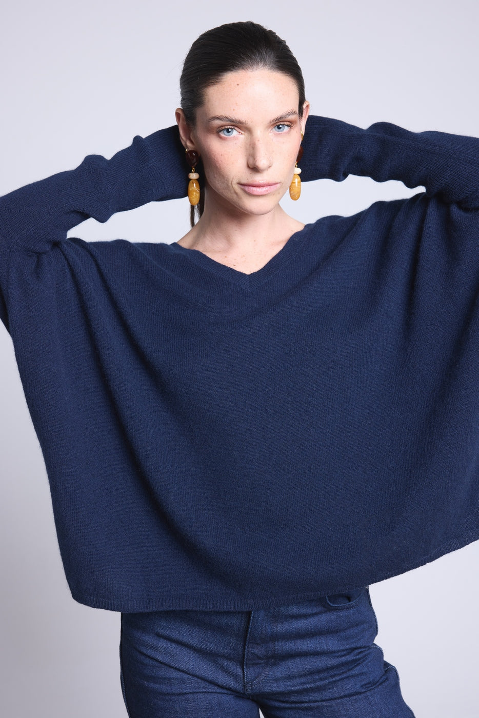CELESTE V-Neck Poncho Jumper - Navy Blue - Women