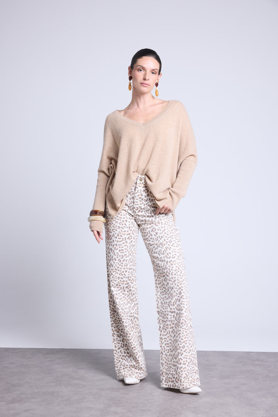 Pull Col V Poncho Celeste - Beige Creme - Femme