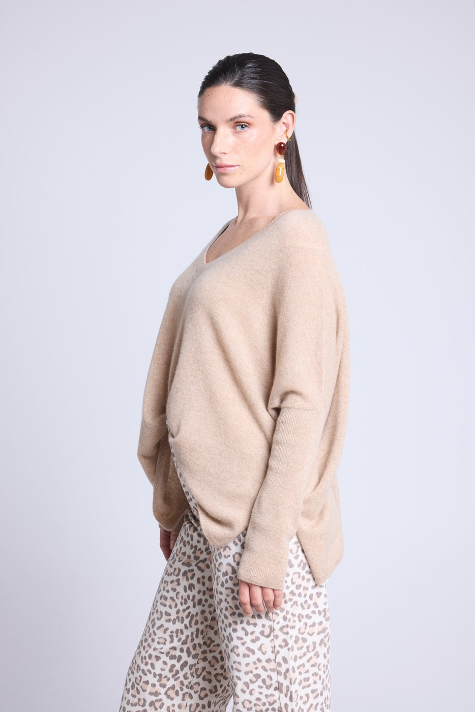 Pull Col V Poncho Celeste - Beige Creme - Femme