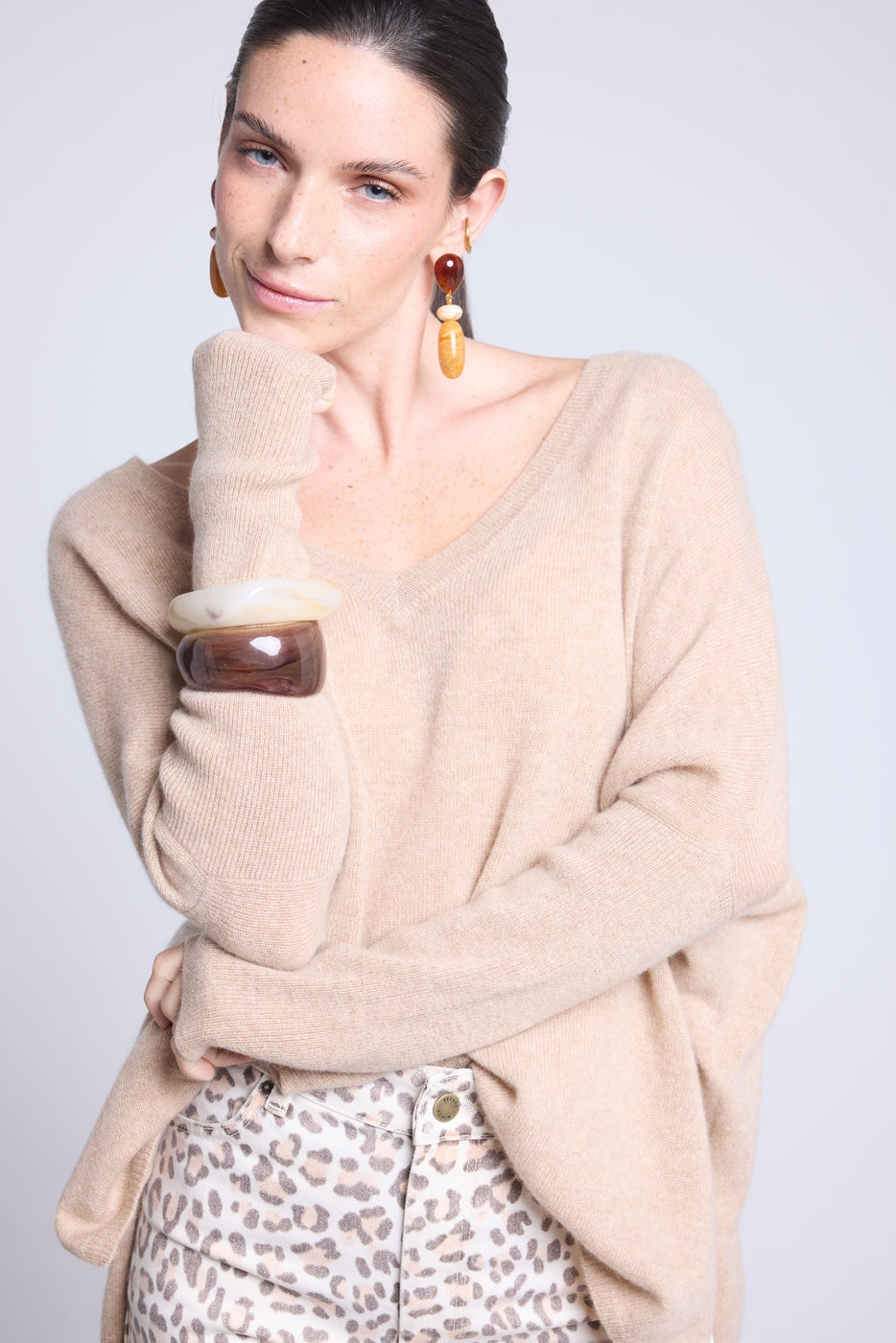 Pull Col V Poncho Celeste - Beige Creme - Femme