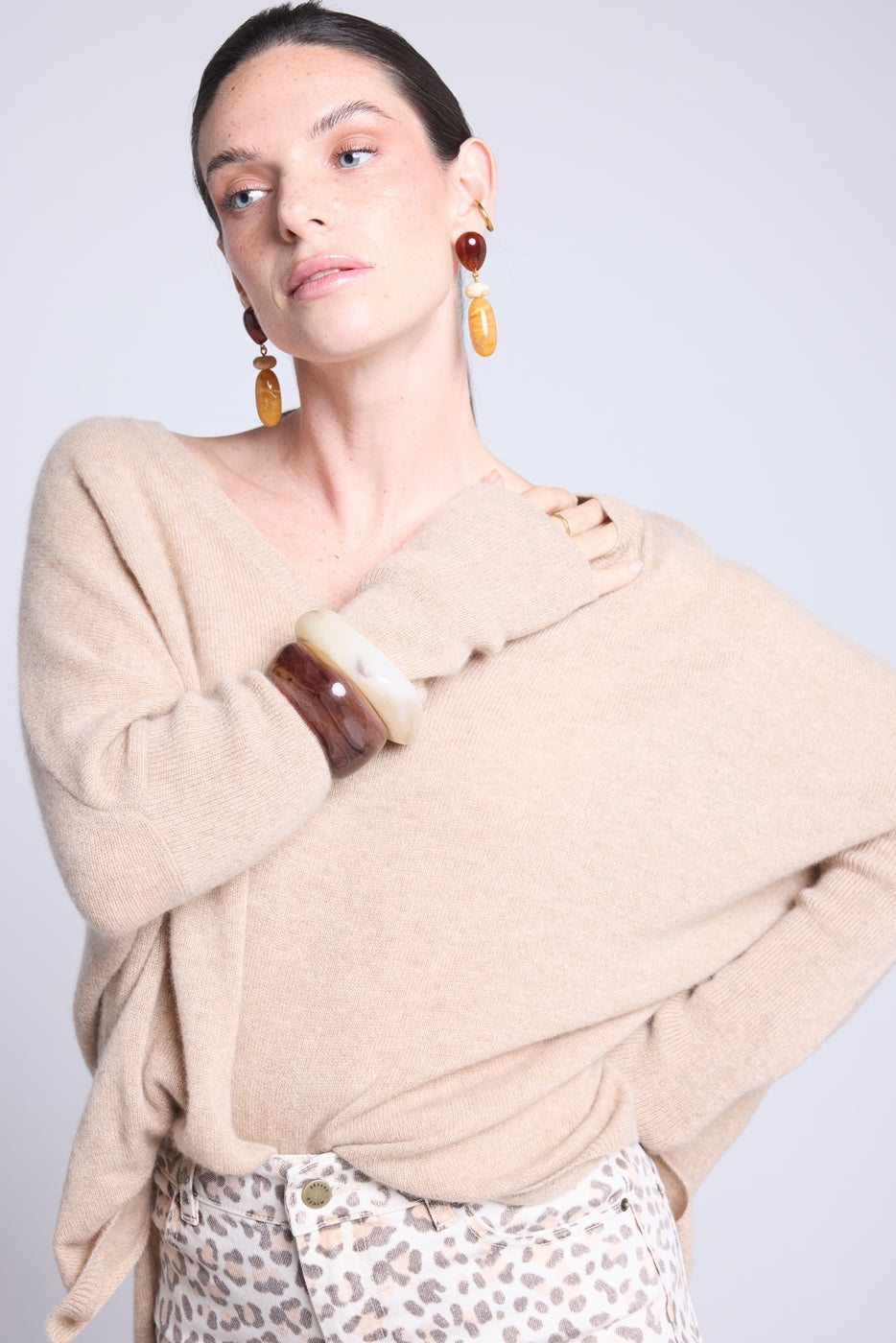 Pull Col V Poncho Celeste - Beige Creme - Femme