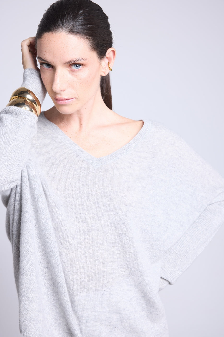 V-Neck Poncho Jumper Celeste - Light Grey - Women