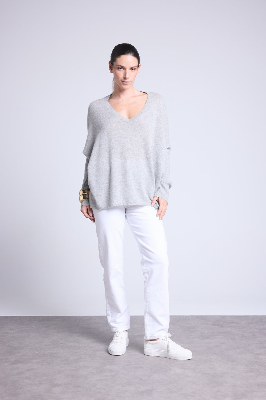 V-Neck Poncho Jumper Celeste - Light Grey - Women