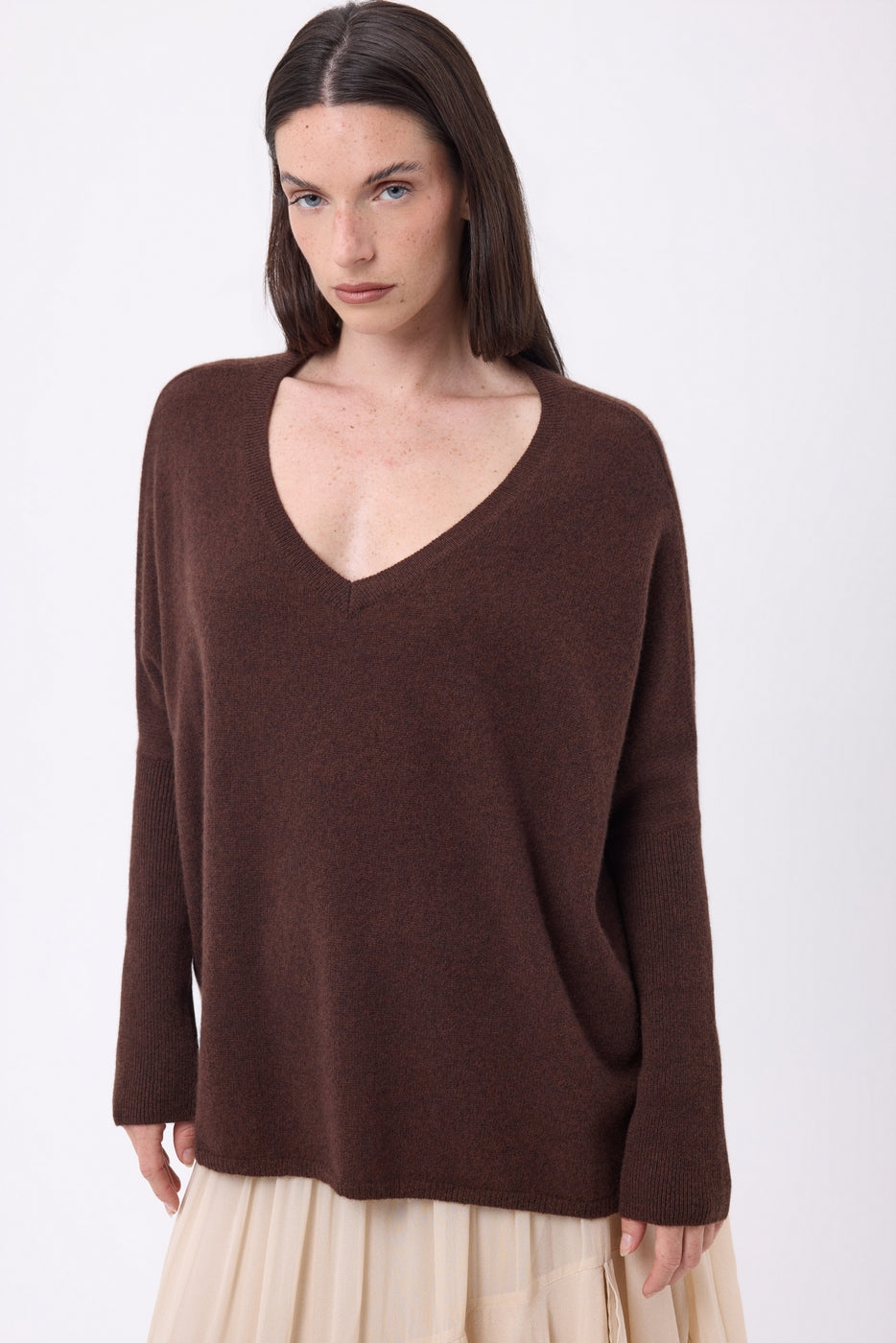 Pull Col V Poncho Celeste - Marron Chocolat - Femme - 100% Cachemire