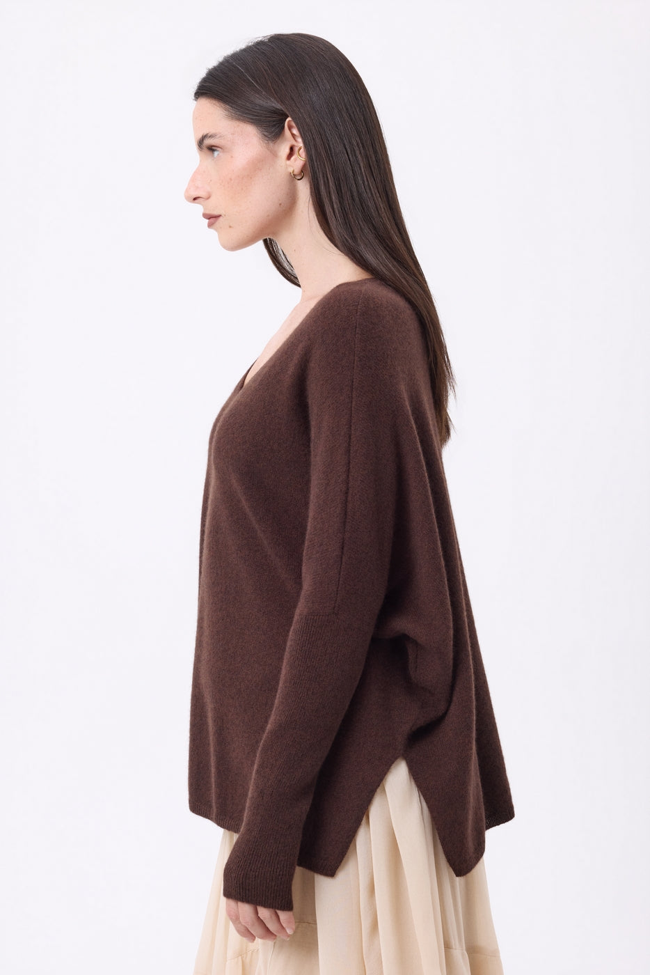 Pull Col V Poncho Celeste - Marron Chocolat - Femme - 100% Cachemire
