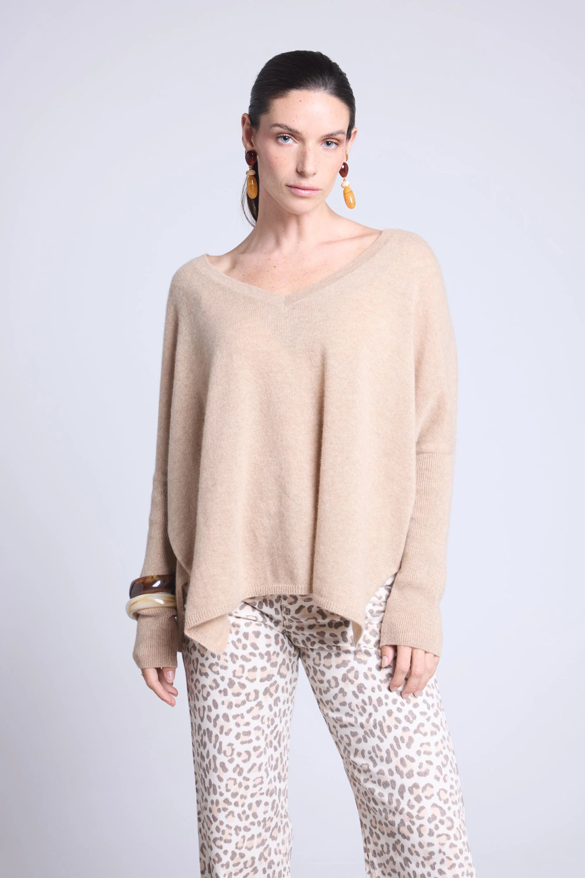 Pull Col V Poncho Celeste - Beige Creme - Femme