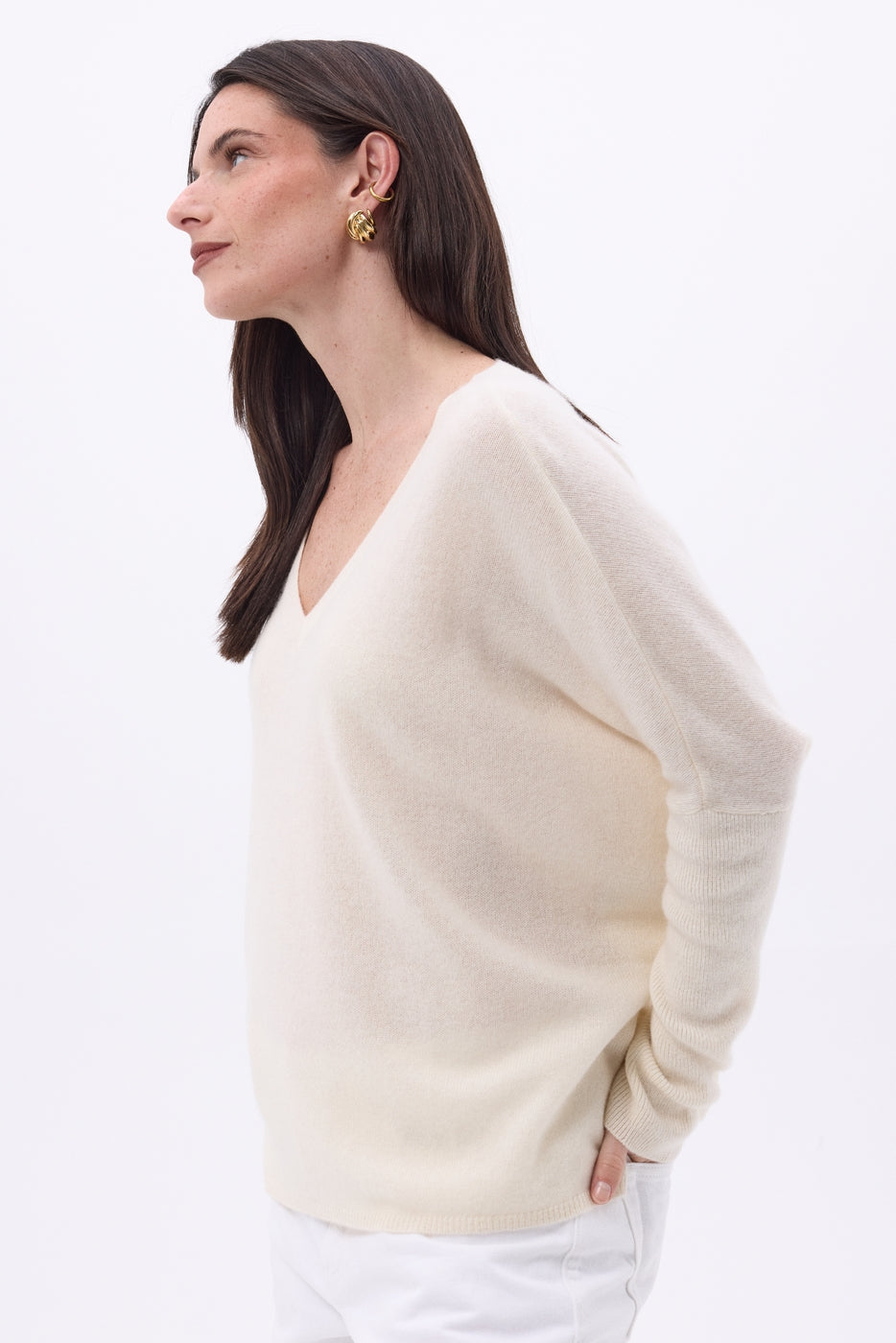 Pull Col V Poncho Celeste - Blanc - Femme