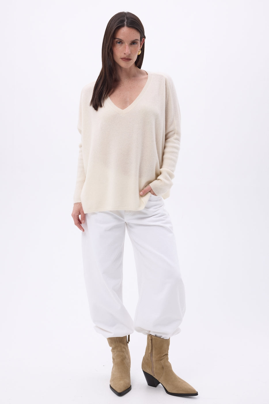 Pull Col V Poncho Celeste - Blanc - Femme
