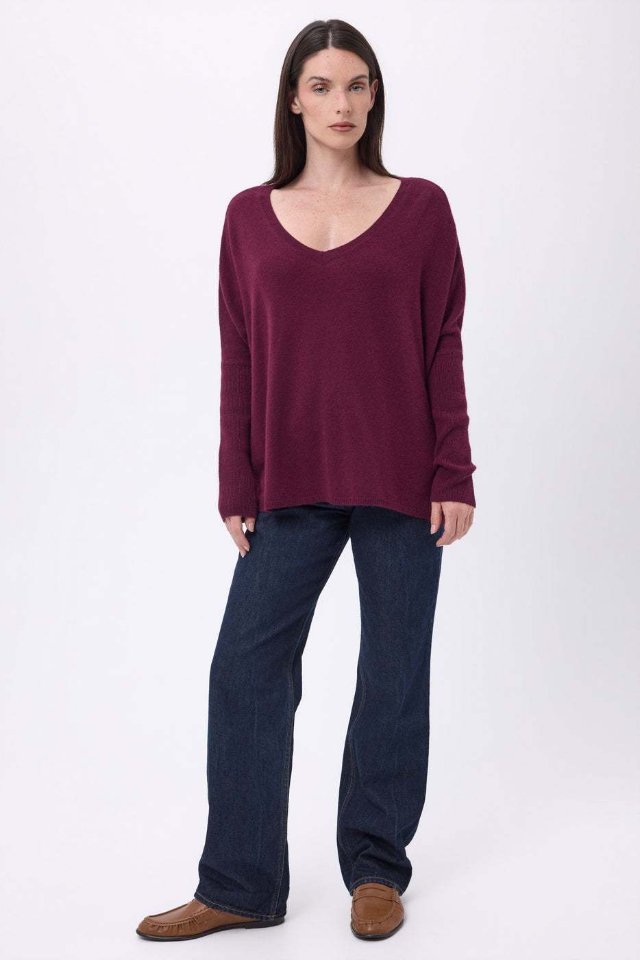 Jersey poncho de cuello en V Celeste - Lías de vino - Mujer