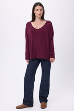 Jersey poncho de cuello en V Celeste - Lías de vino - Mujer