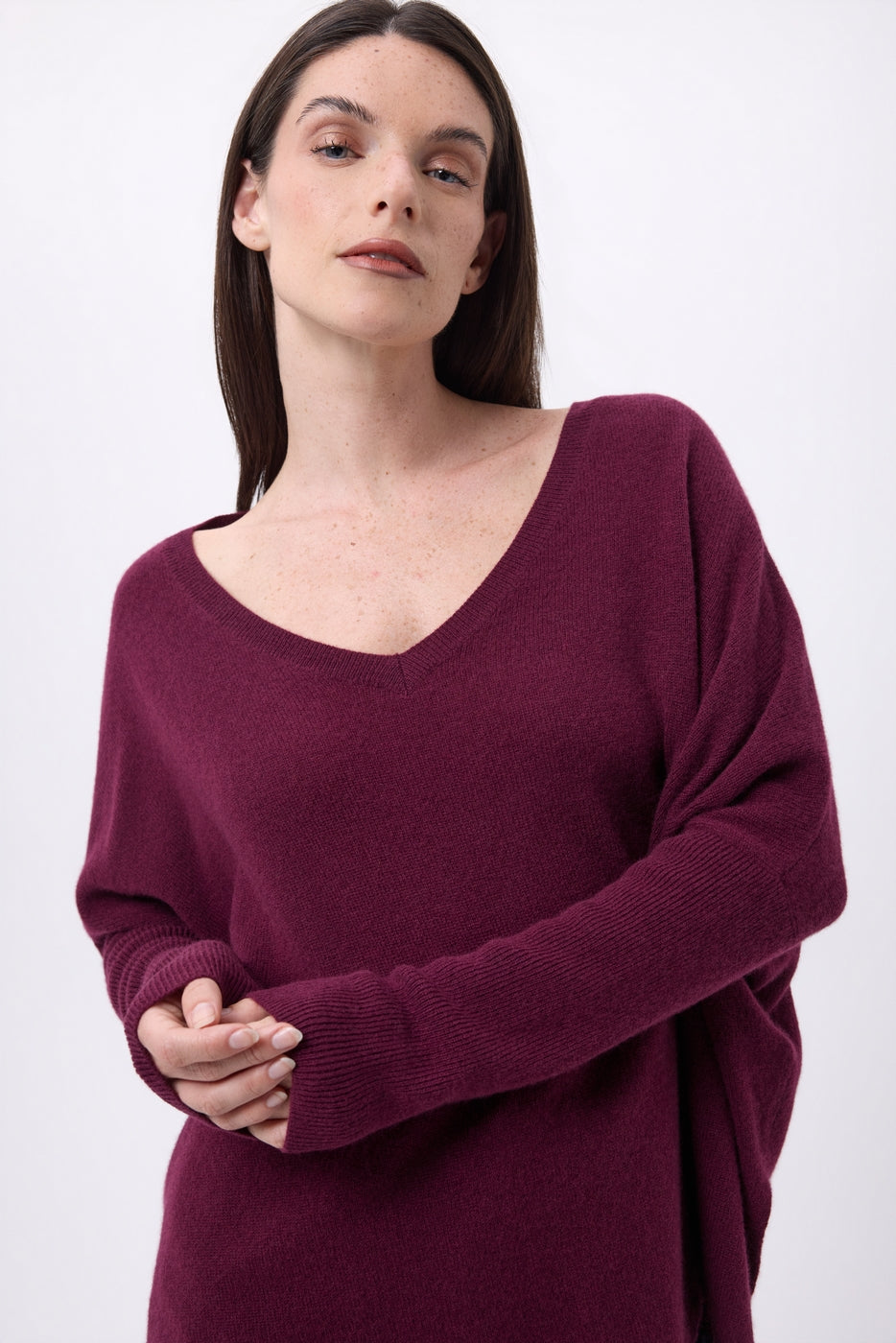 Jersey poncho de cuello en V Celeste - Lías de vino - Mujer