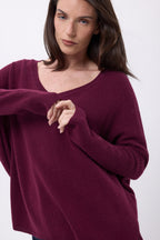 Jersey poncho de cuello en V Celeste - Lías de vino - Mujer