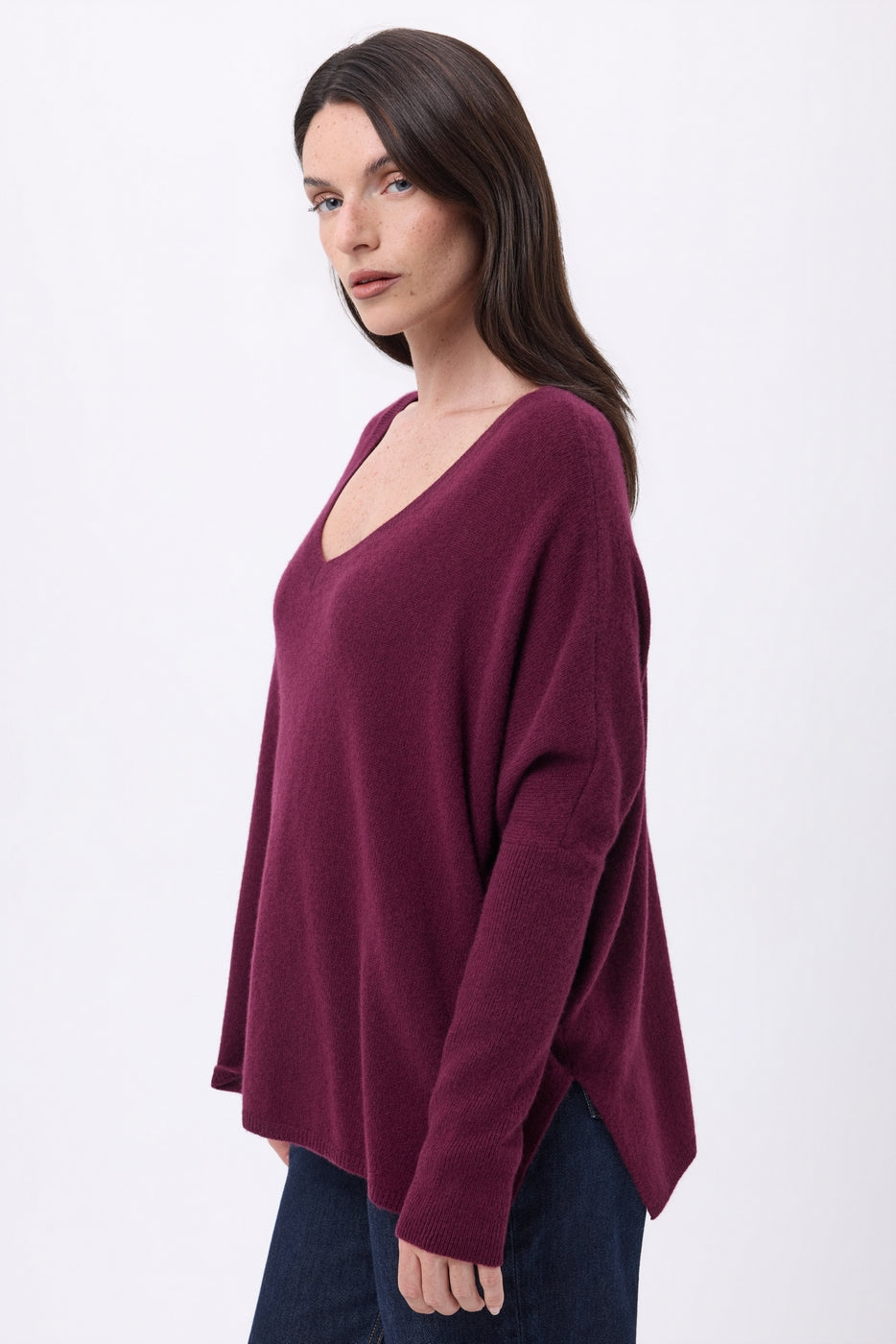 Jersey poncho de cuello en V Celeste - Lías de vino - Mujer