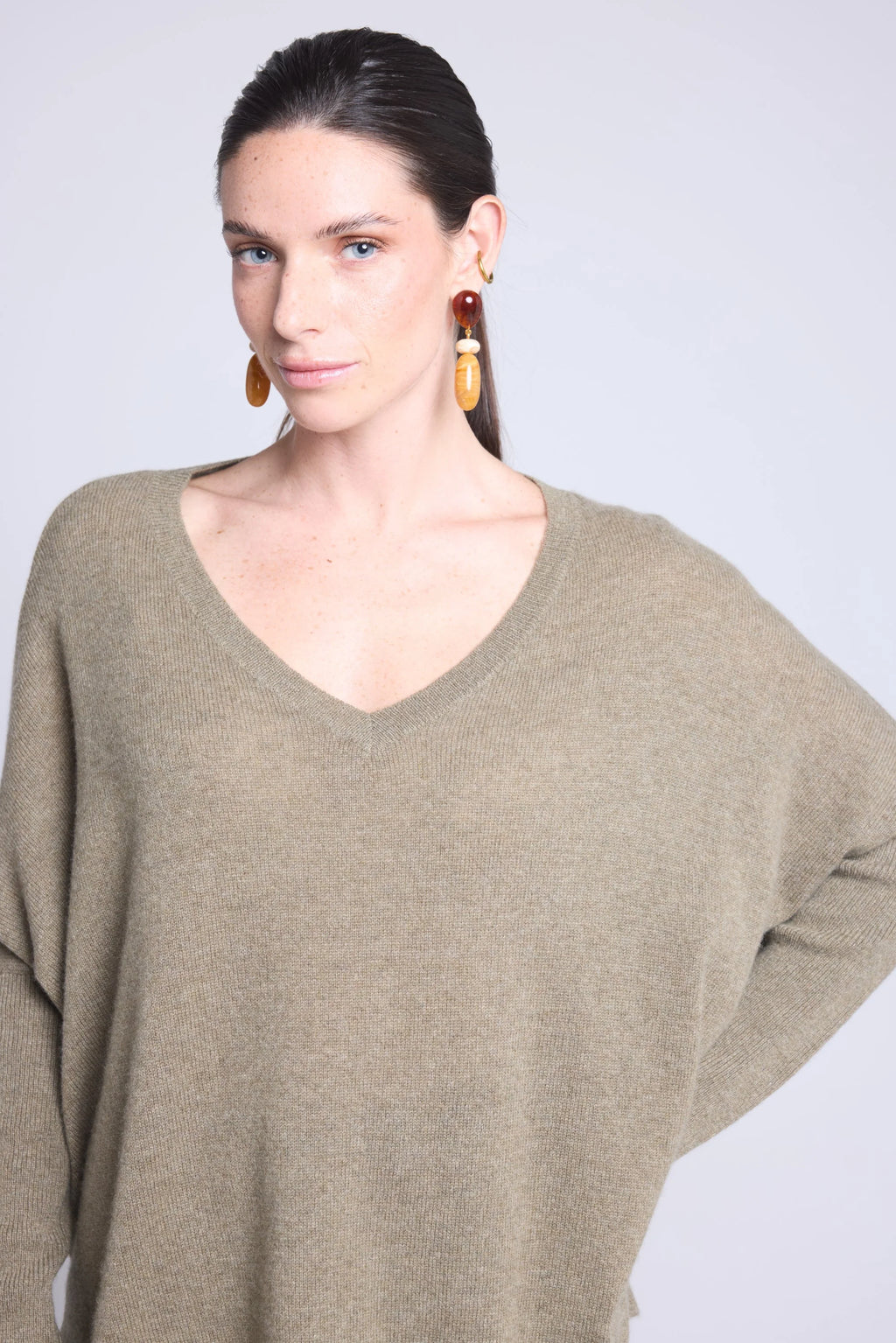 Jersey poncho de cuello en V Celeste - Verde caqui - Mujer