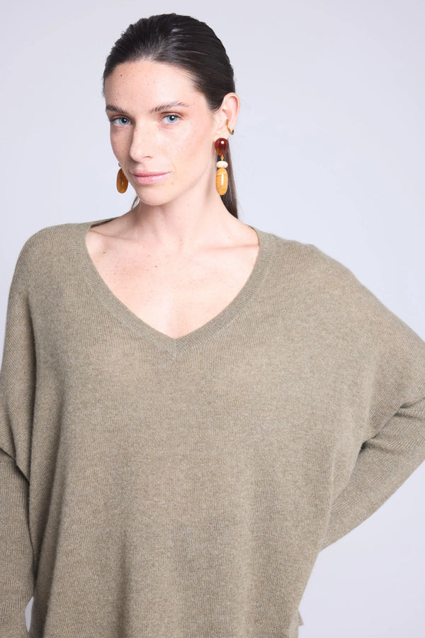 Jersey poncho Celeste de cuello en V - Verde caqui - Mujer - 100% cachemira