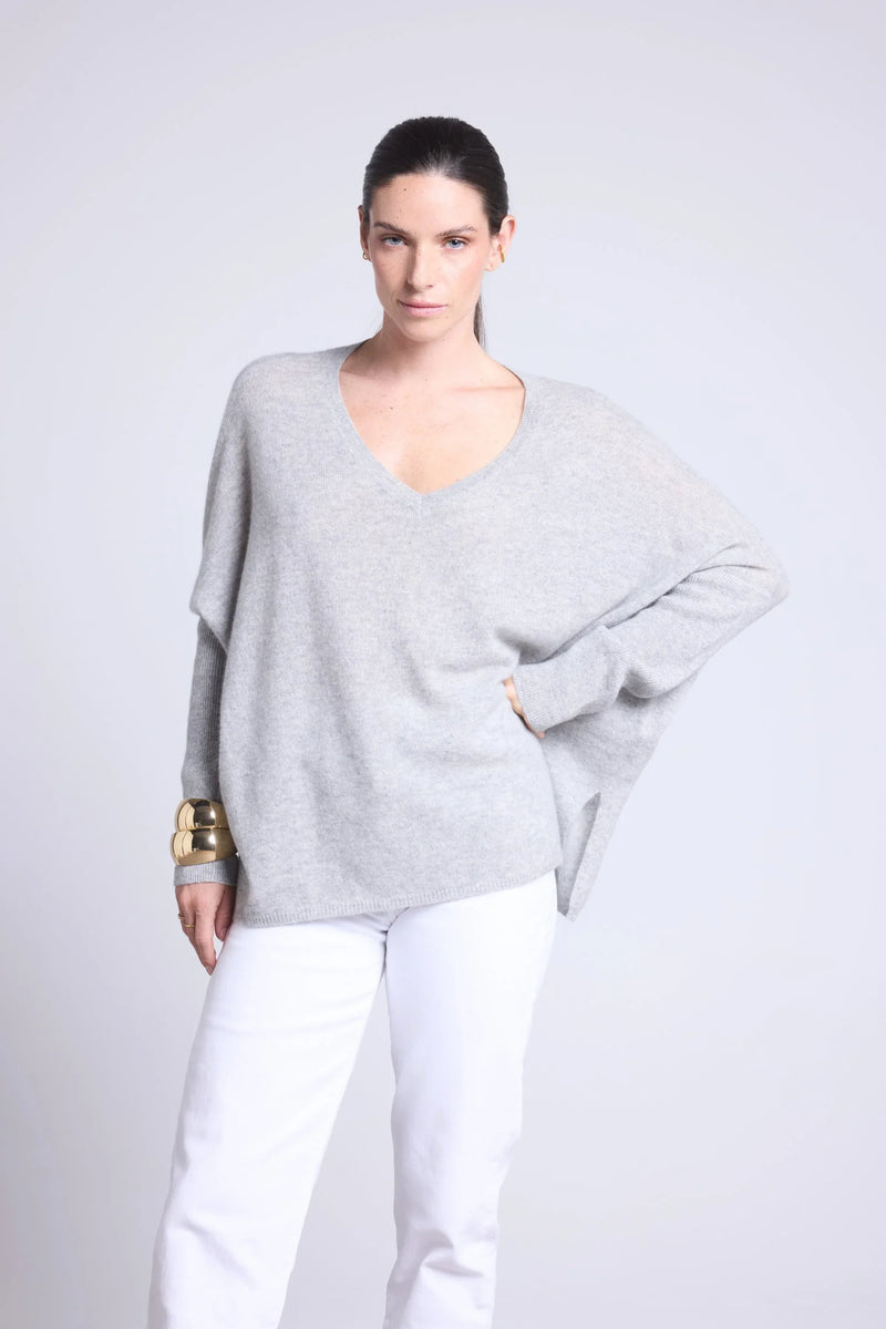 Pull Col V Poncho Celeste - Gris Clair - Femme