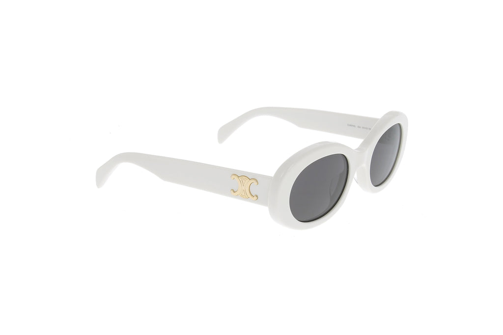 Luxury Eyewear – Solbriller - Celine, ovale hvide solbriller med mørke glas på hvid baggrund