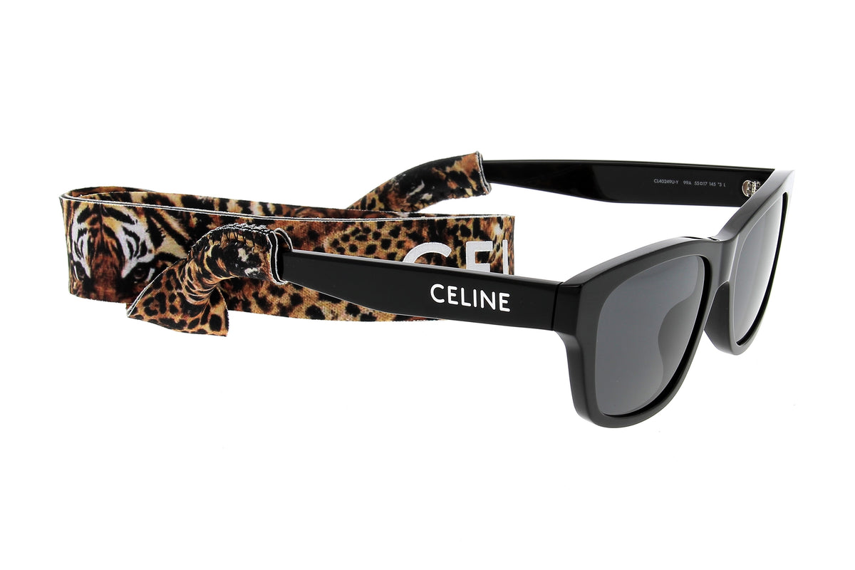 Luxury Eyewear – Occhiali da sole - Celine, occhiali da sole neri con cordoncino a stampa animalier, posati su sfondo bianco