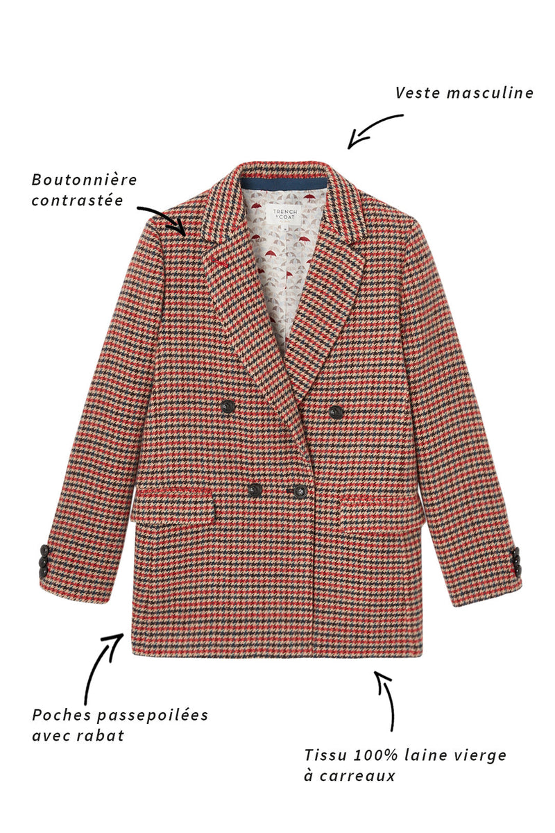 Veste Cernion Masculine À Carreaux En Pure Laine Rouge Et Bleu