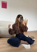 Brown Blouse With Dove Embroidery