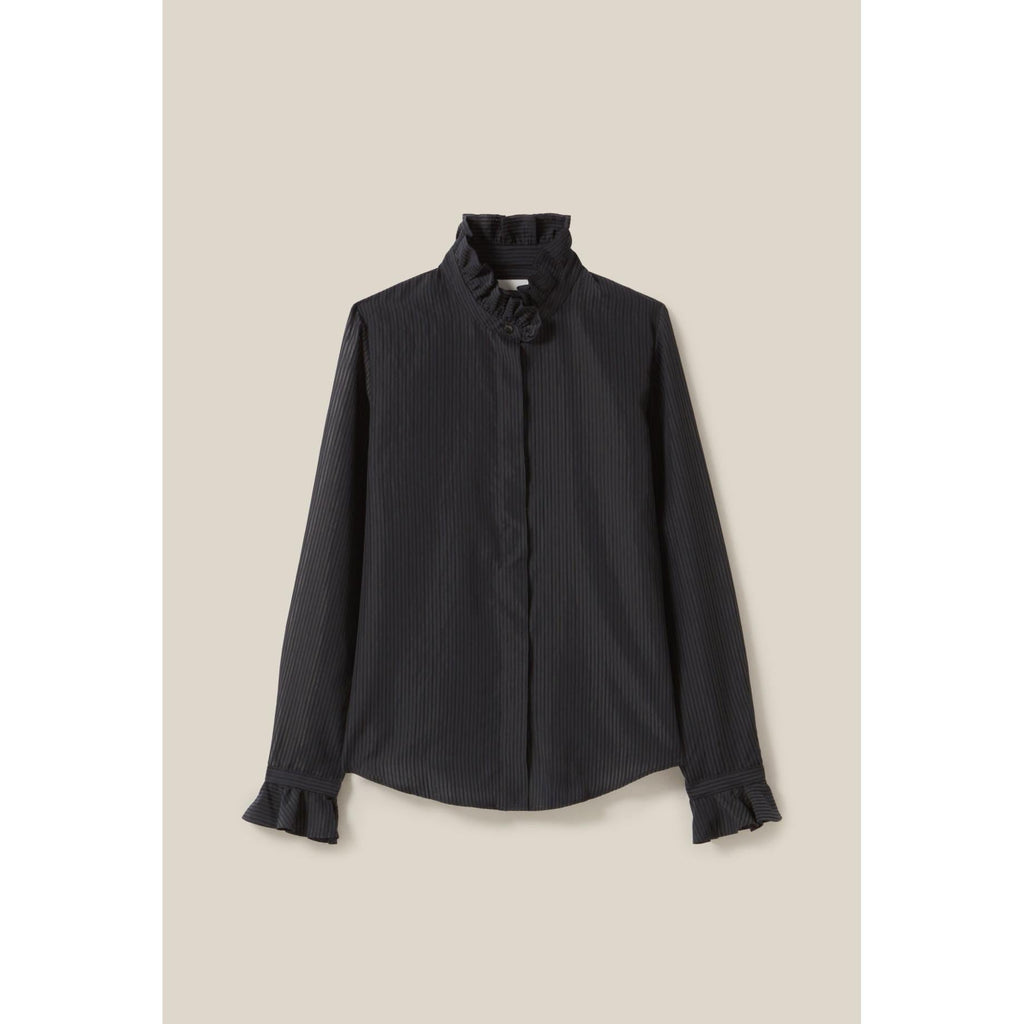 Fluid Shirt with Ruffled Collar and Stripes