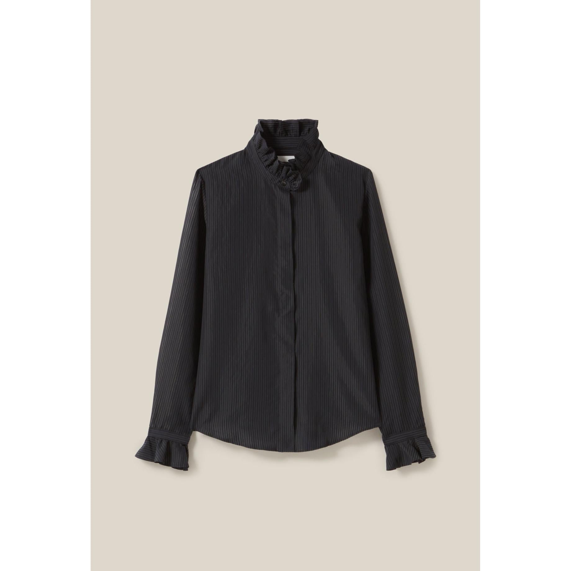 Fluid Shirt with Ruffled Collar and Stripes