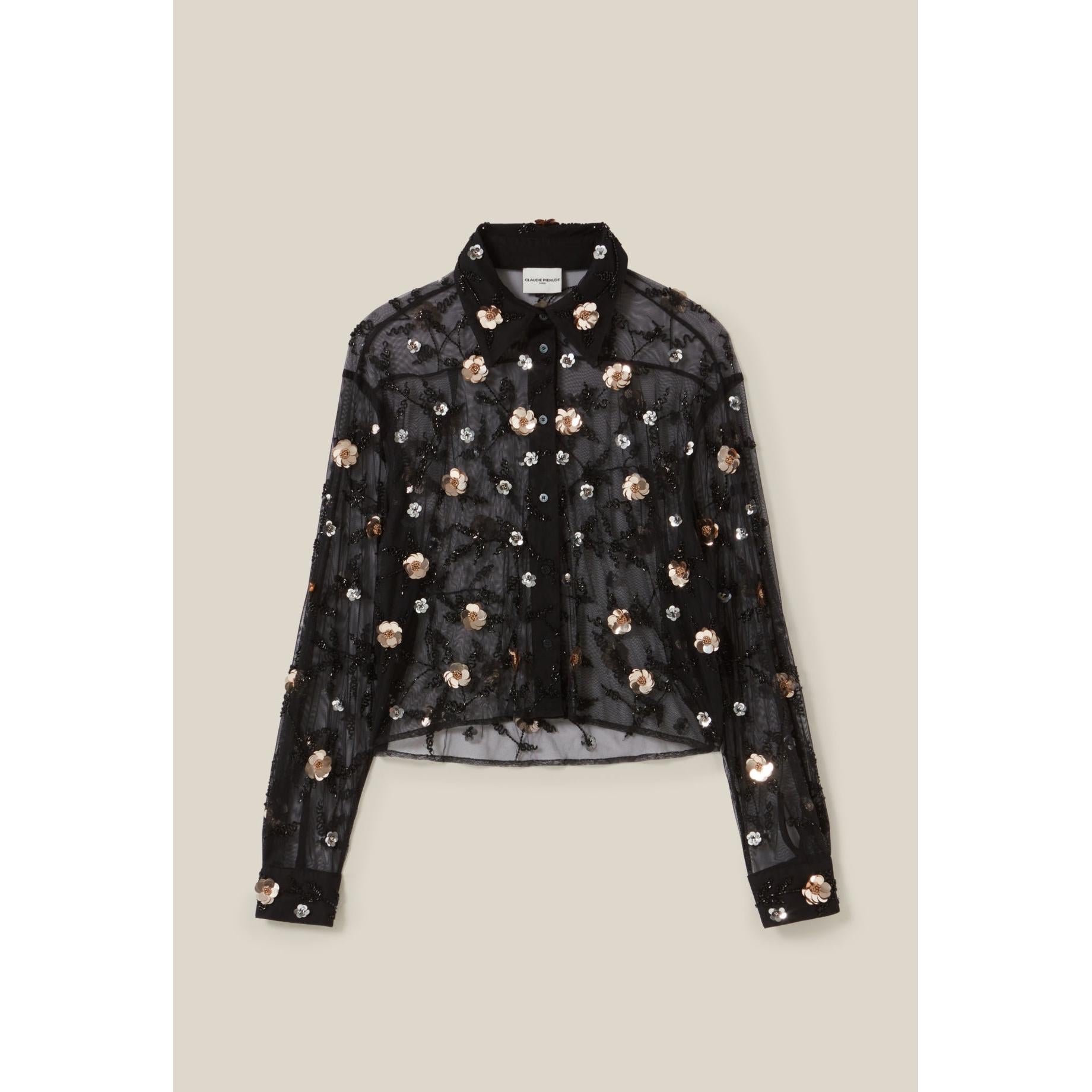 Camisa Negra Transparente Bordada