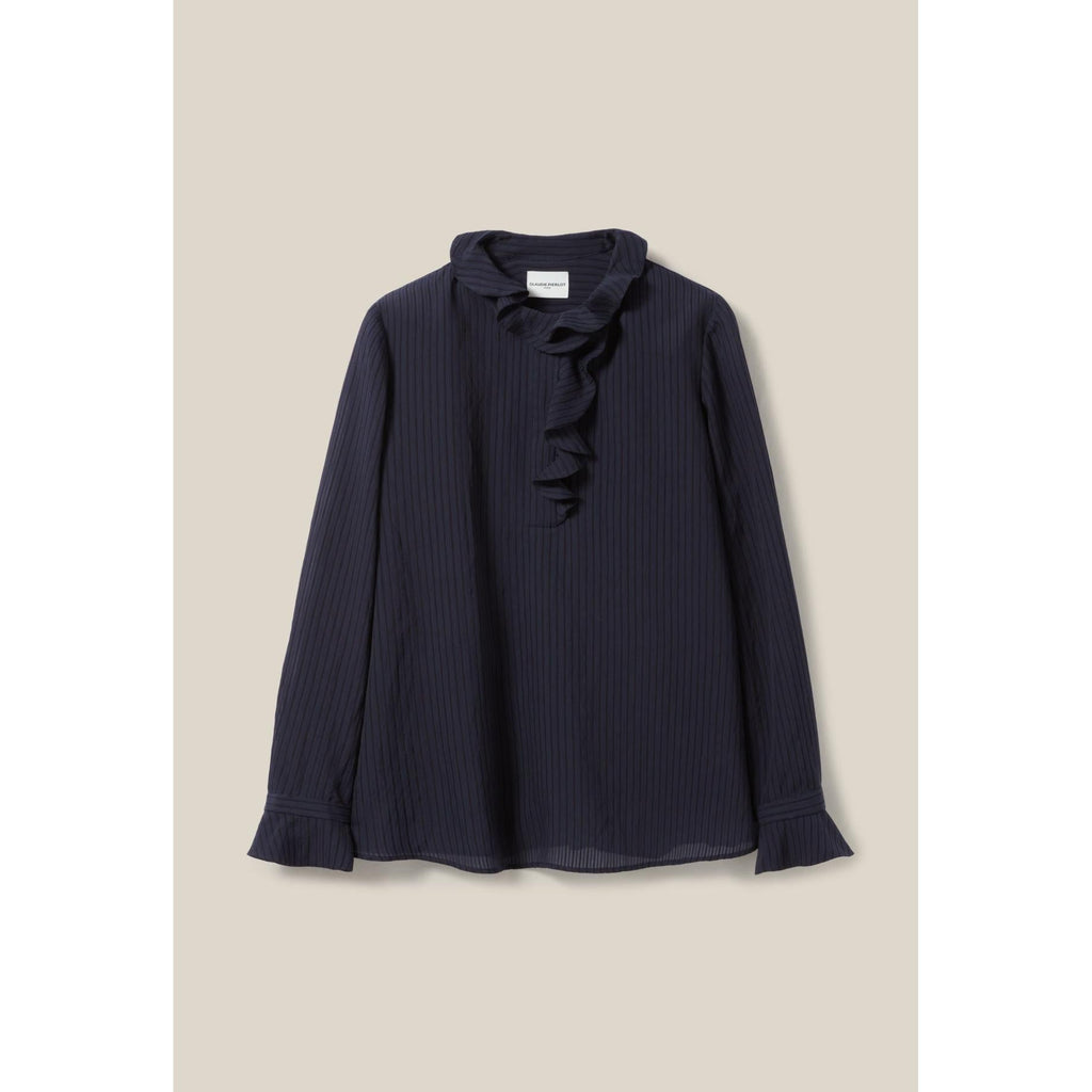 Claudie Pierlot - Dark Blue Ruffled Striped Blouse