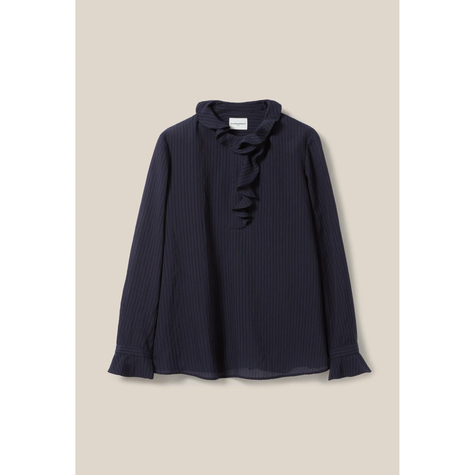 Claudie Pierlot - Dark Blue Ruffled Striped Blouse