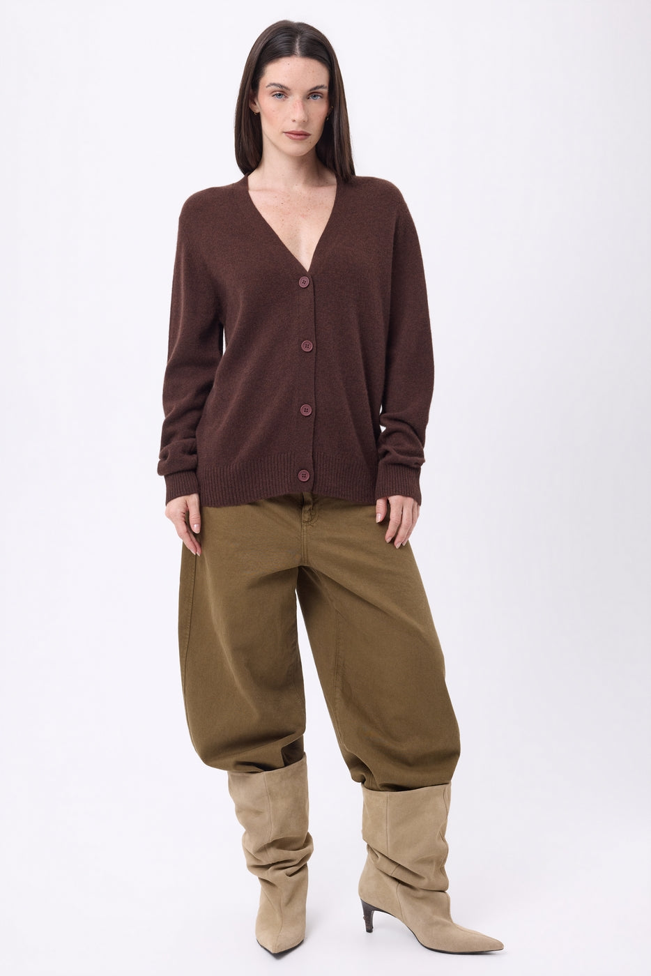 Boyfriend Cardigan Col V Giada - Marron Chocolat - Femme - 100% Cachemire