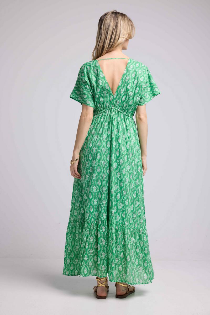 Robe Longue Manches Courtes - Rosaces Vertes