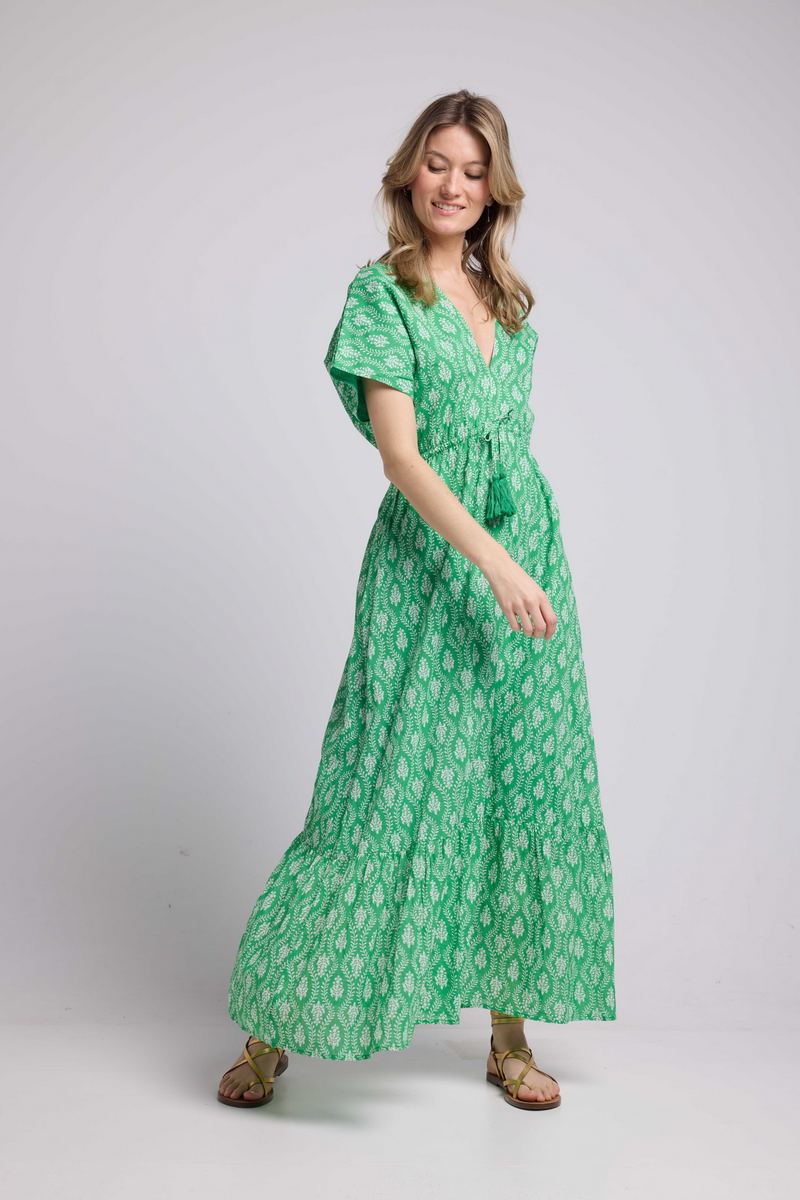 Robe Longue Manches Courtes - Rosaces Vertes