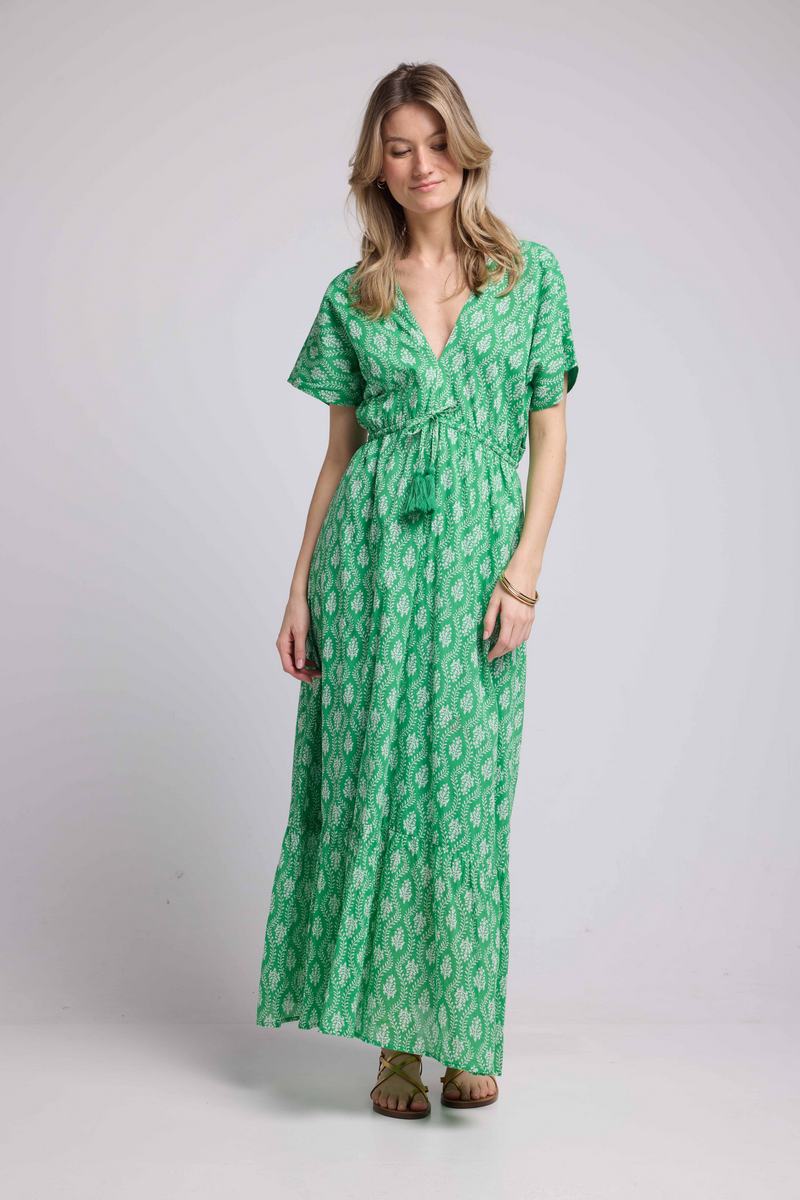 Robe Longue Manches Courtes - Rosaces Vertes