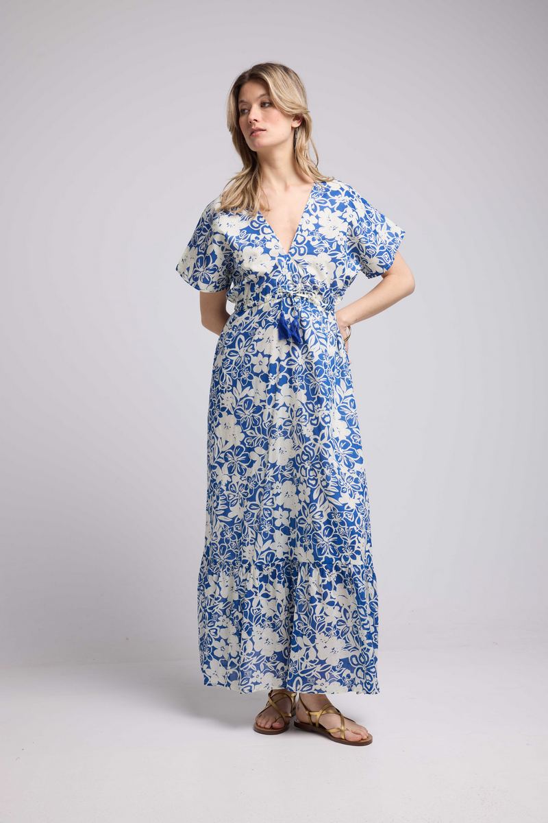 Long Short Sleeve Dress - Blue Flowers