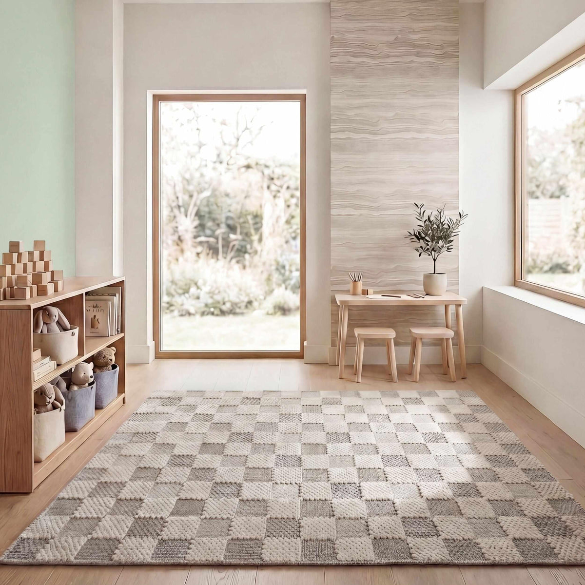 Muted Checkerboard - Wasbaar vloerkleed
