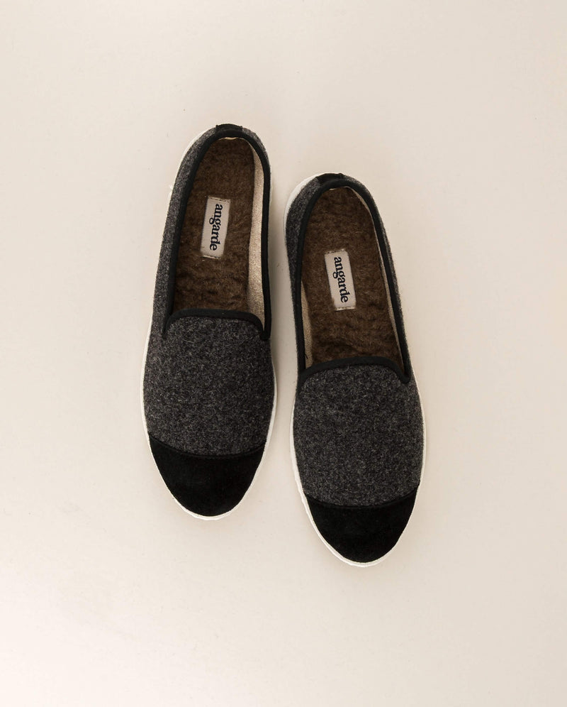 Chausson femme laine gris foncé noir haut Angarde