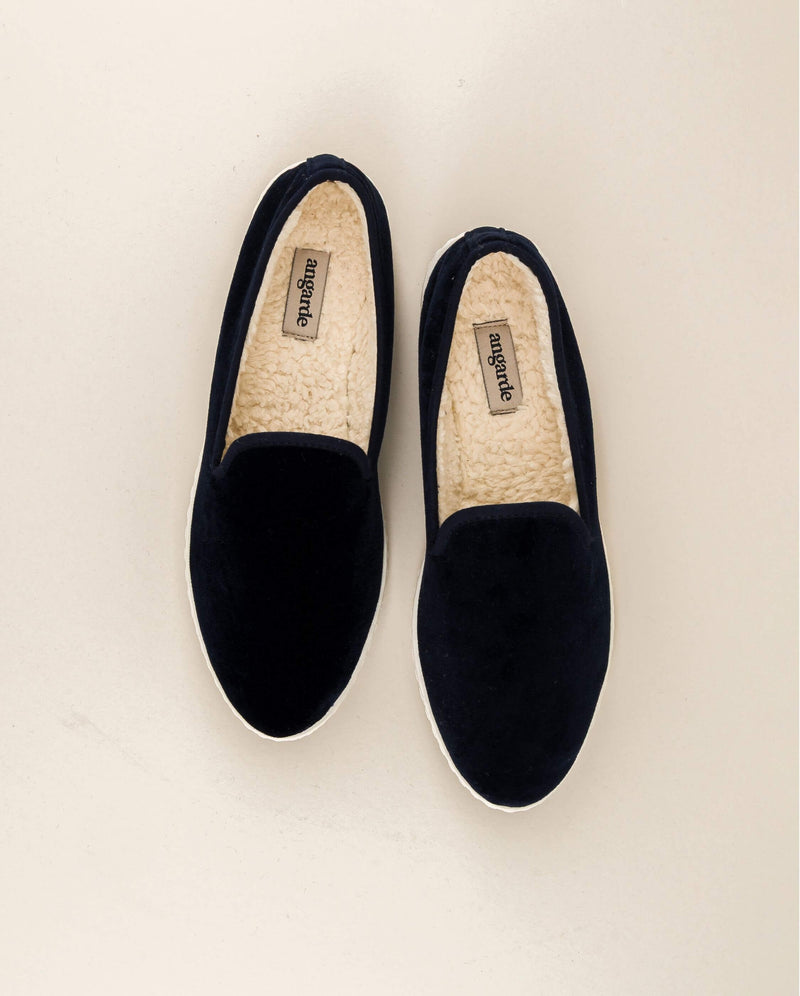 Chausson femme velours lisse marine haut Angarde