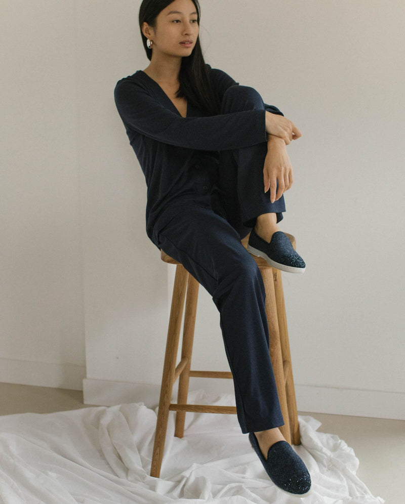 chausson en laine femme marine paillette Angarde porté lifestyle