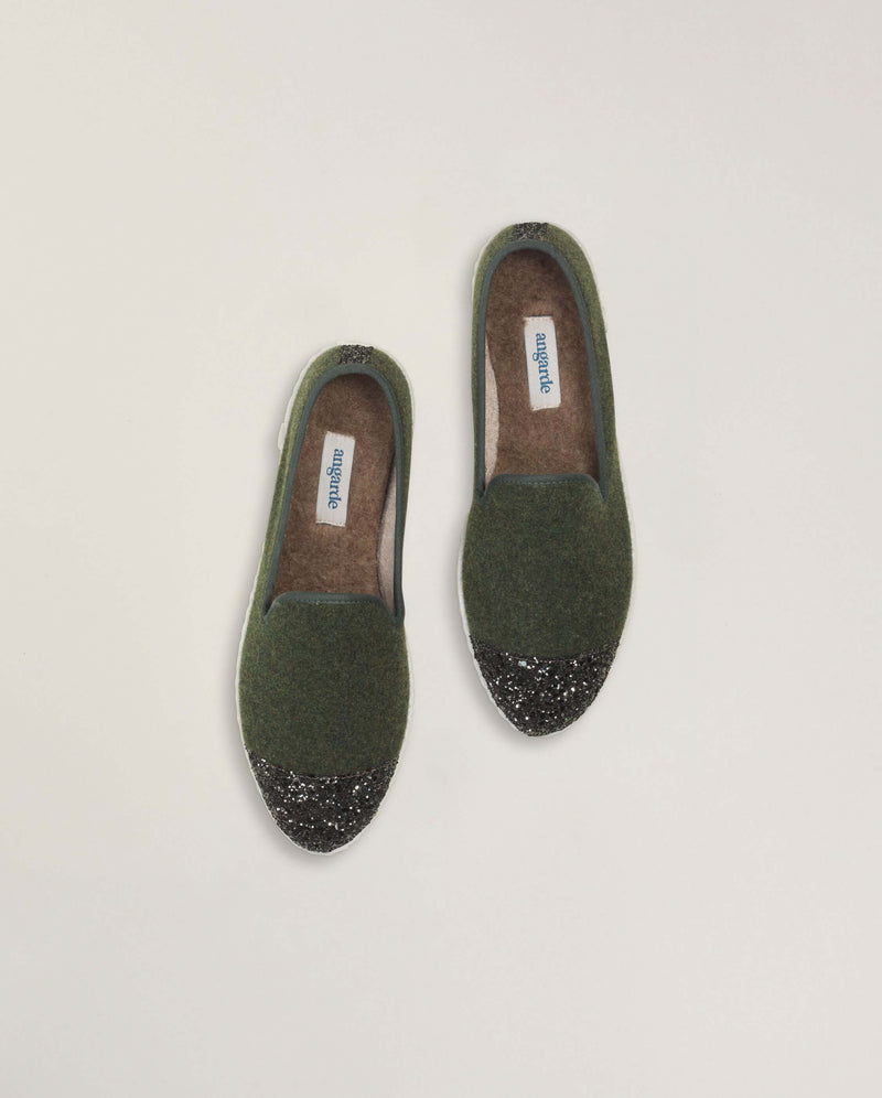 Zapatilla de mujer de lana verde con purpurina Angarde packshot high