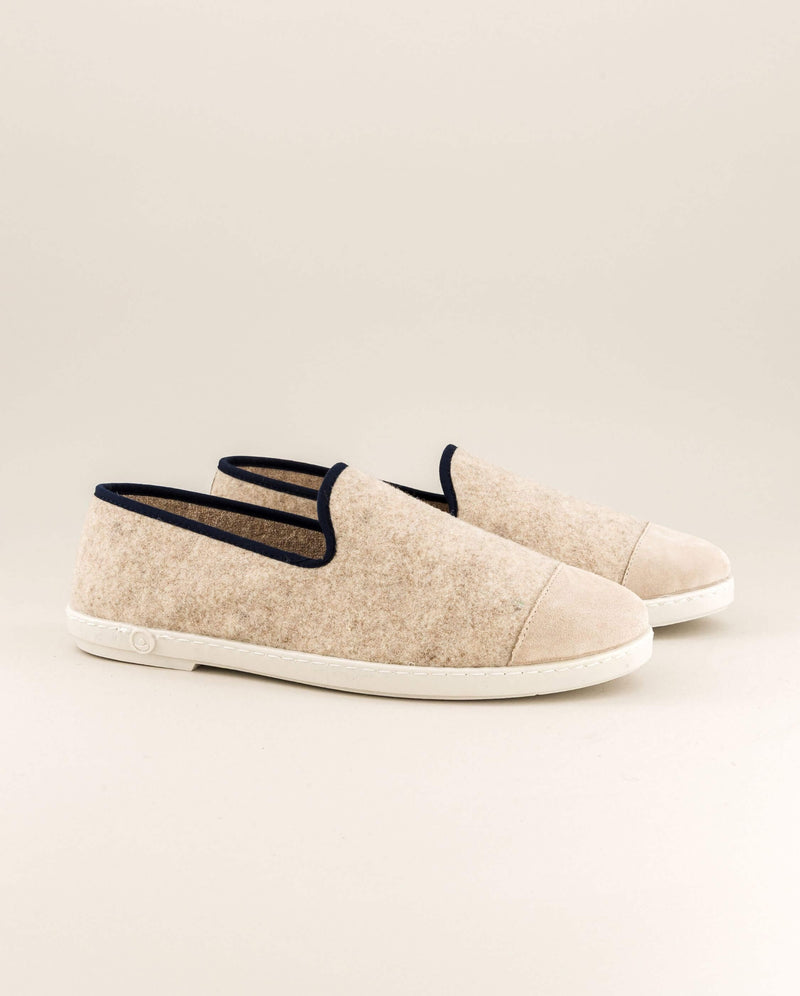 Chausson homme laine beige biais marine profil Angarde