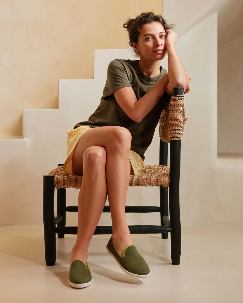 Chausson femme lin kaki pistache mood Angarde