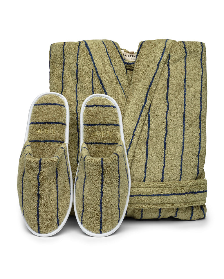 Paire de chaussons éponge - Rayures Vert / Bleu