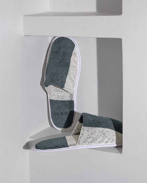 Paire De Chaussons - Éponge - Rayures Gris / Crème