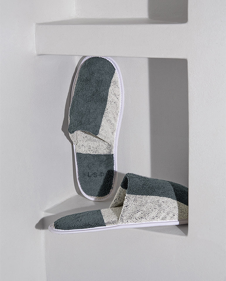 Paire De Chaussons - Éponge - Rayures Gris / Crème