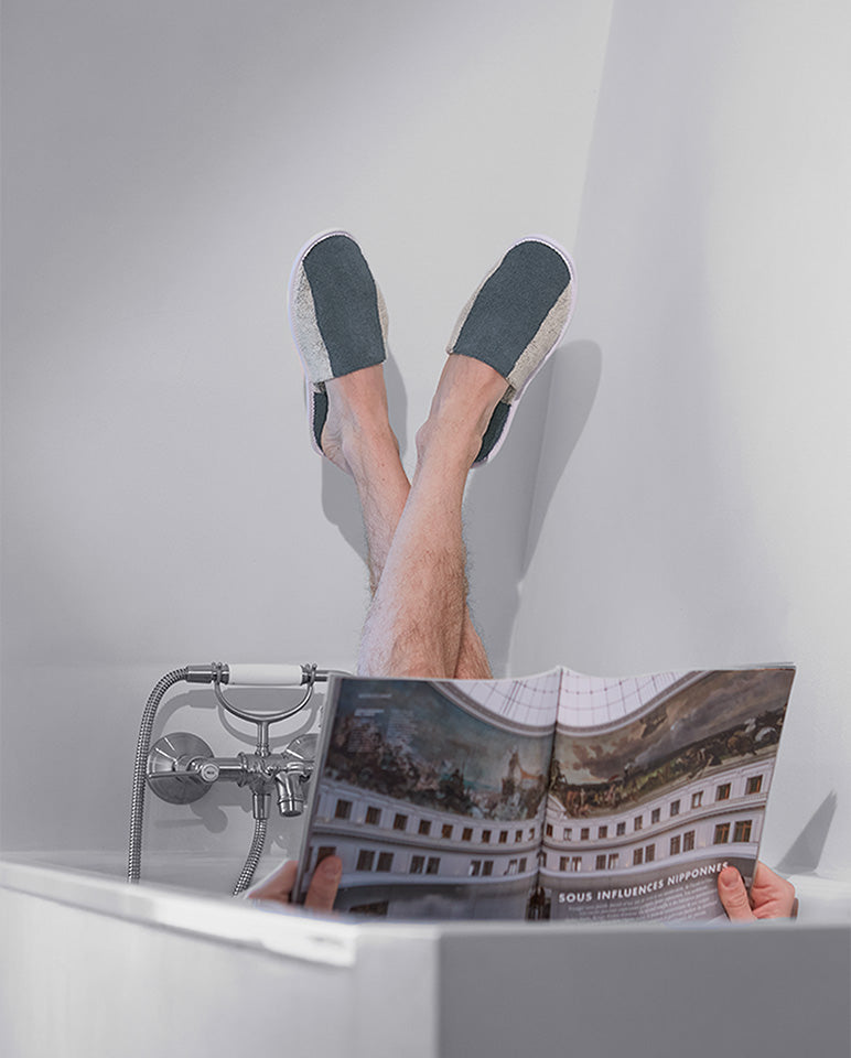 Paire De Chaussons - Éponge - Rayures Gris / Crème