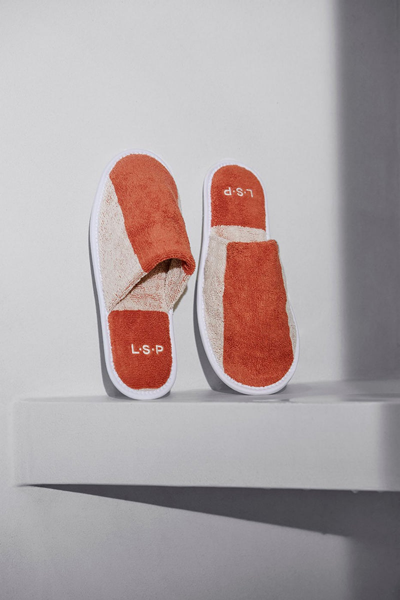 Paire De Chaussons - Éponge - Rayures Rouille / Crème