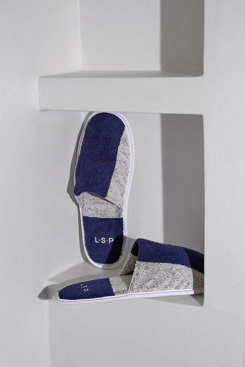 Paire De Chaussons - Éponge - Rayures Bleu Océan / Crème