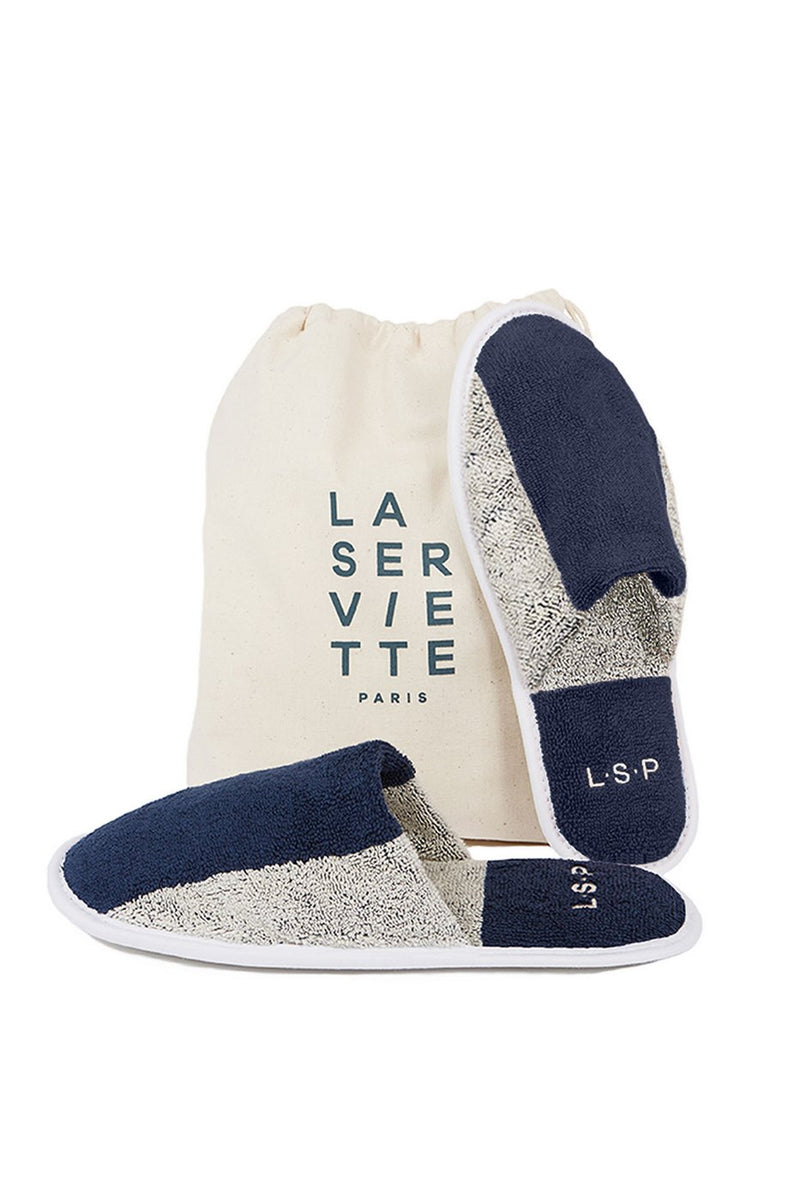 Paire De Chaussons - Éponge - Rayures Bleu Océan / Crème