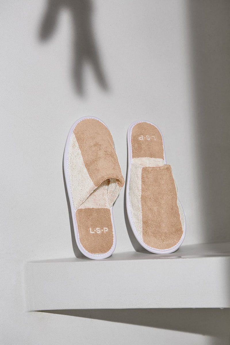 Paire De Chaussons - Éponge - Rayures Sable / Crème