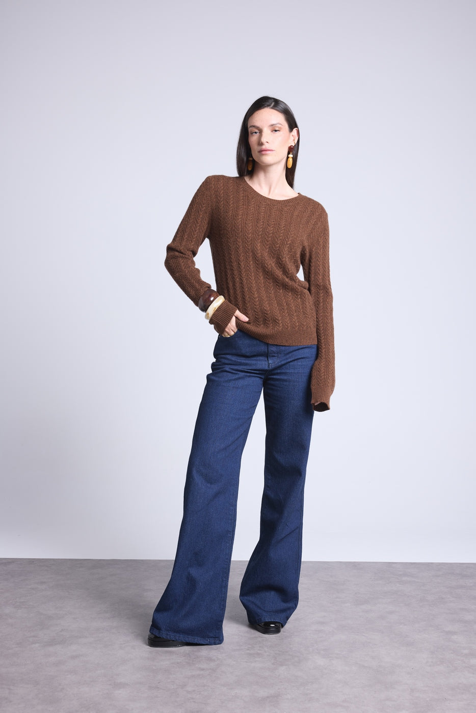 Jersey de cuello redondo trenzado Chiara - Marrón - Mujer